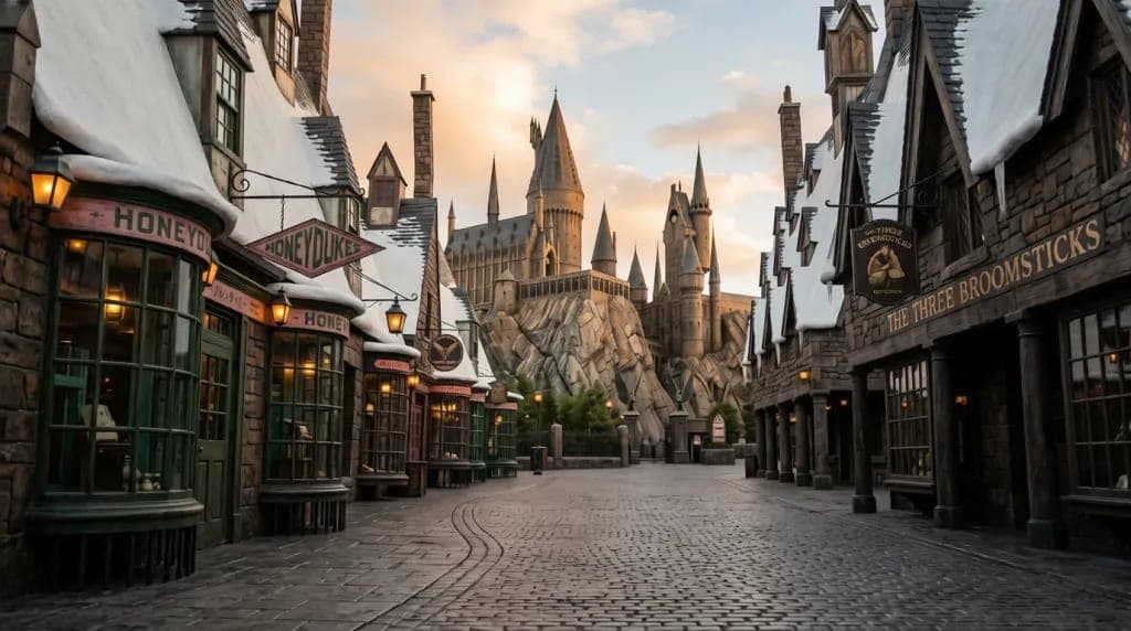 Hogsmeade's snow-dusted street rising to Hogwarts castle at dusk — the Wizarding World at Universal Studios Japan
