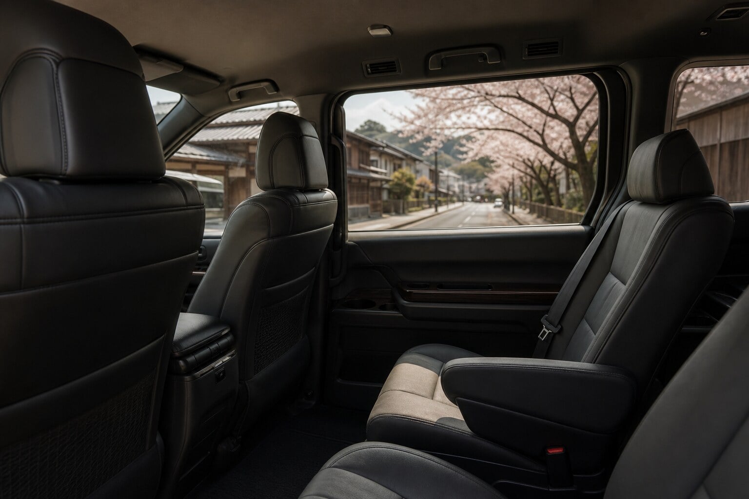 Quiet luxury minivan interior with plush seats and daylight visible through the window during a transfer