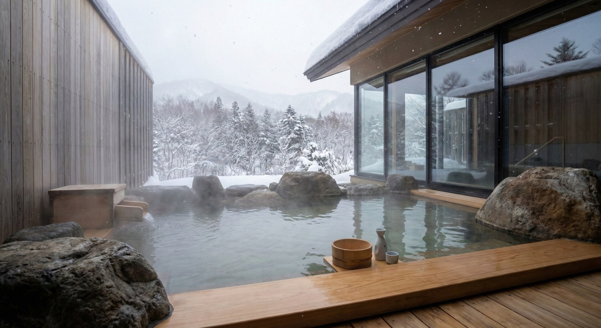 A private open-air hot spring bath in a luxury Hokkaido suite overlooking a snow-covered birch forest.
