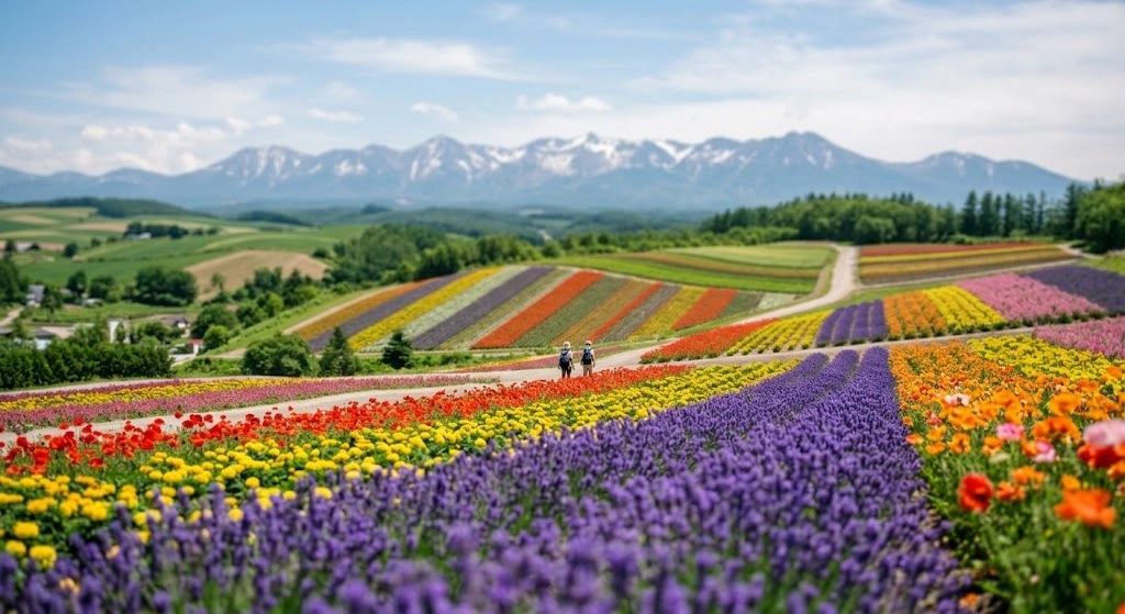 Colorful flower fields in neat rows with green hills and snow-capped mountains in the distance.