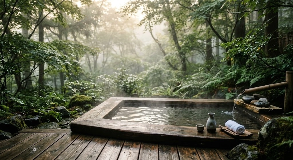 Wooden outdoor soaking tub on a deck in a misty forest, steam rising, with a towel, cups, and stones at the edge.