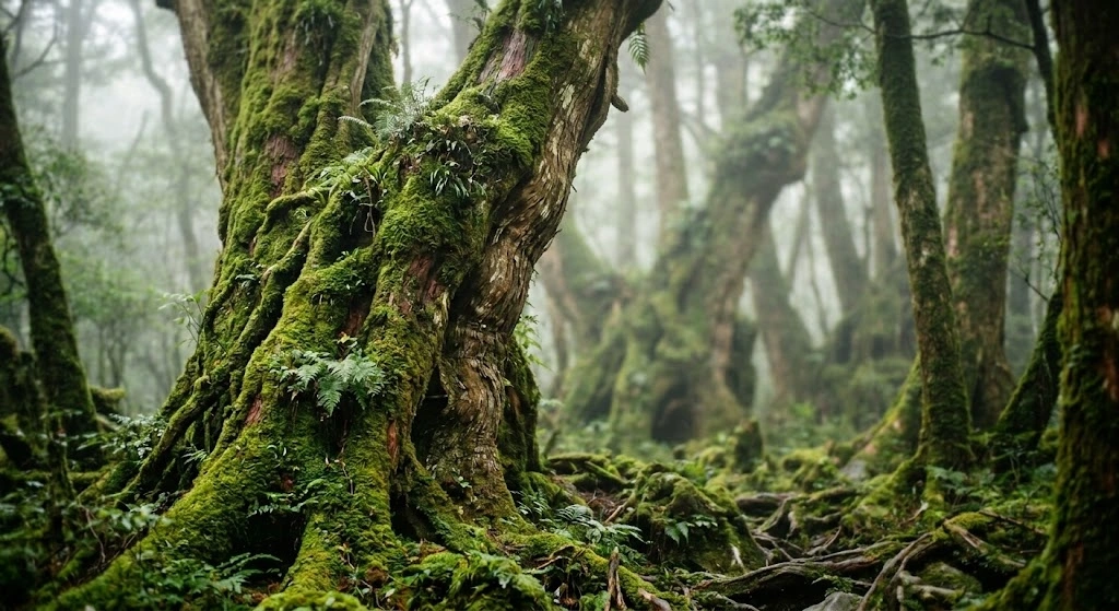 Moss-covered forest with large twisting trees and fog in the background, creating a mysterious, ancient woodland scene.