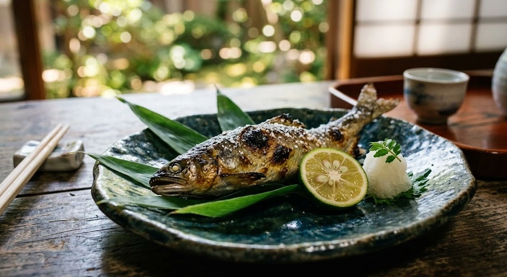 Whole grilled fish on a blue ceramic plate with a lemon half, grated daikon, and greens, on a wooden table.