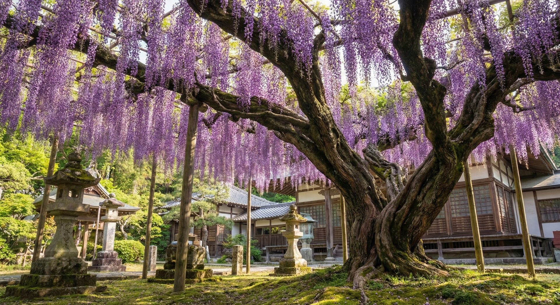 Long, hanging purple wisteria flowers blooming from a 300-year-old tree at Rinsenji Temple.