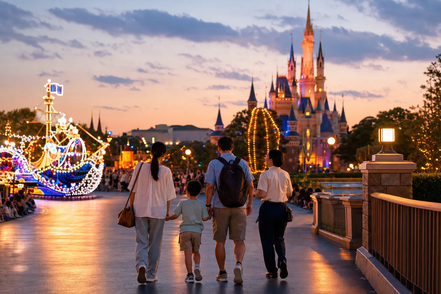 A family walking with a private guide along a theme park path on a calm day