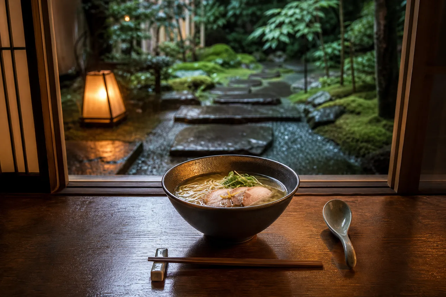 Clear ramen broth served at a wooden counter in Kyoto with simple chopsticks and ceramic spoon