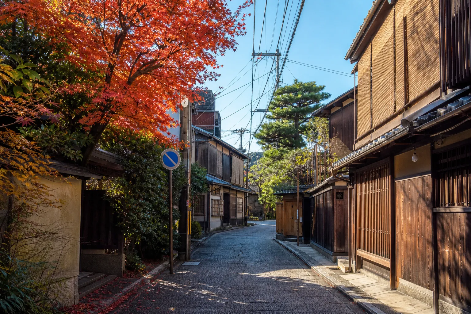 Quiet street in Kyoto’s Nishijin area with traditional low-rise buildings and narrow lane