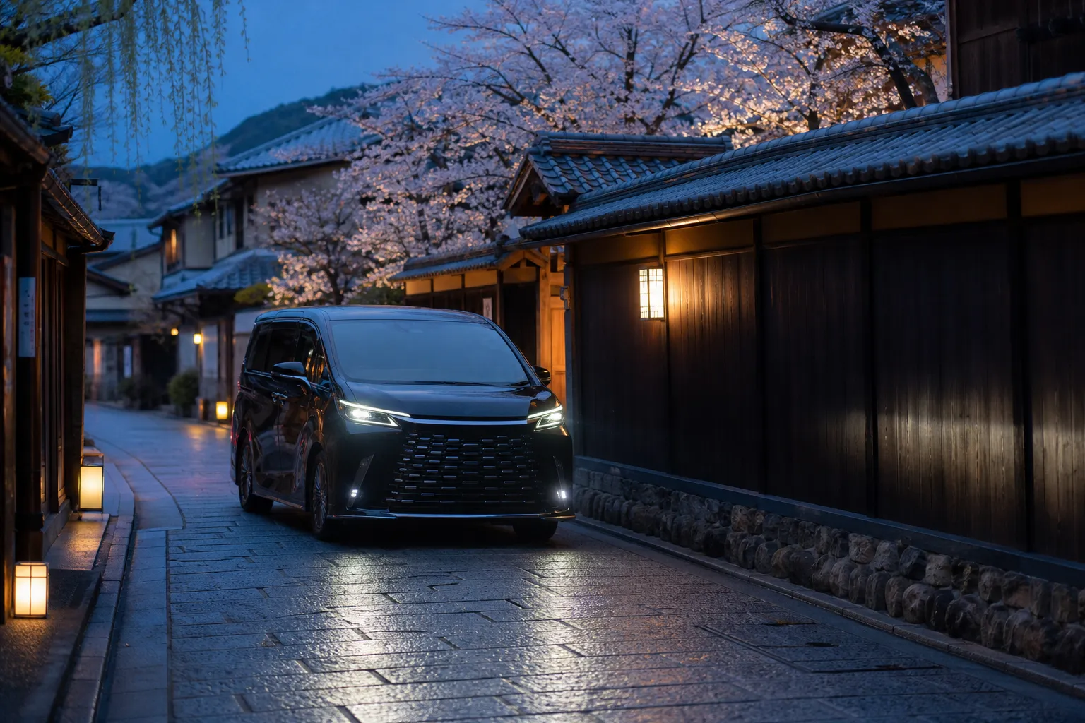 Premium chauffeured vehicle on a quiet Kyoto street near traditional architecture