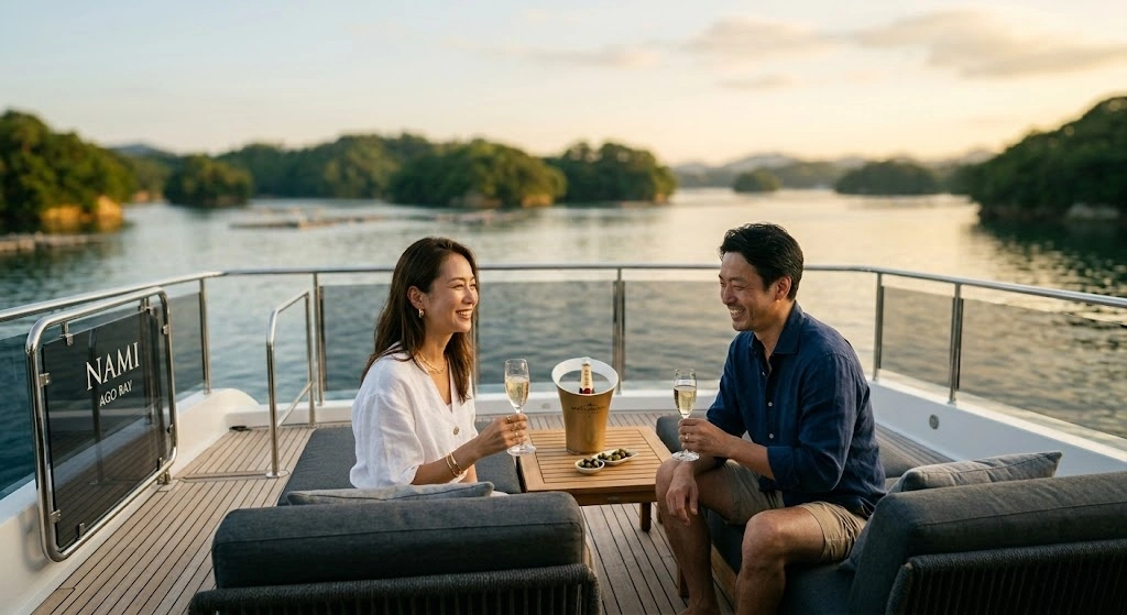 A couple toasting champagne on a yacht deck at sunset, seated on outdoor couches with water and islands in the background.