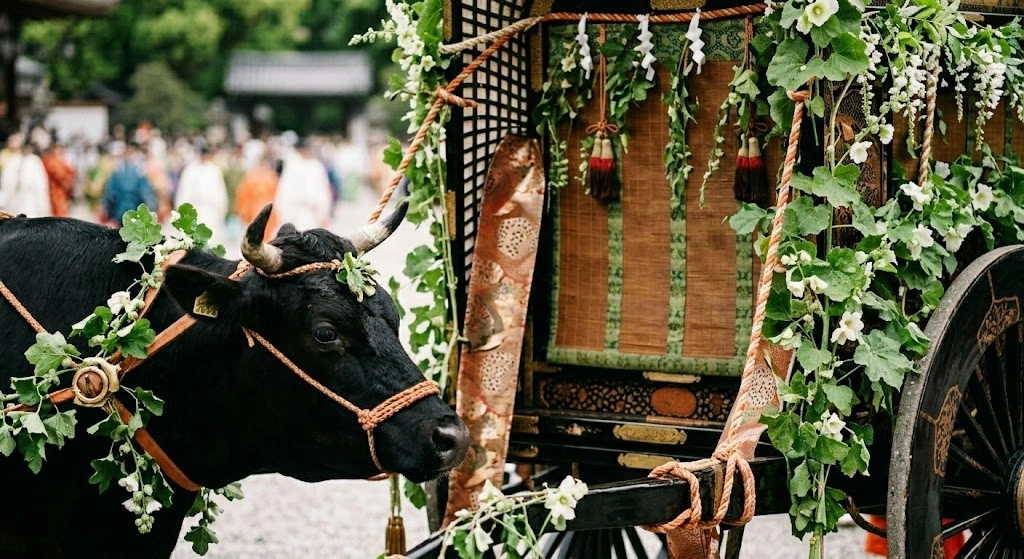 Black ox harnessed to a flower-covered wagon in a traditional festival procession.