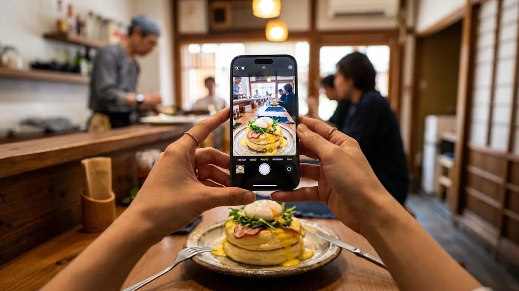 スマートフォンで、陽の差し込む温かなカフェでパンケーキを撮影している一人称視点。