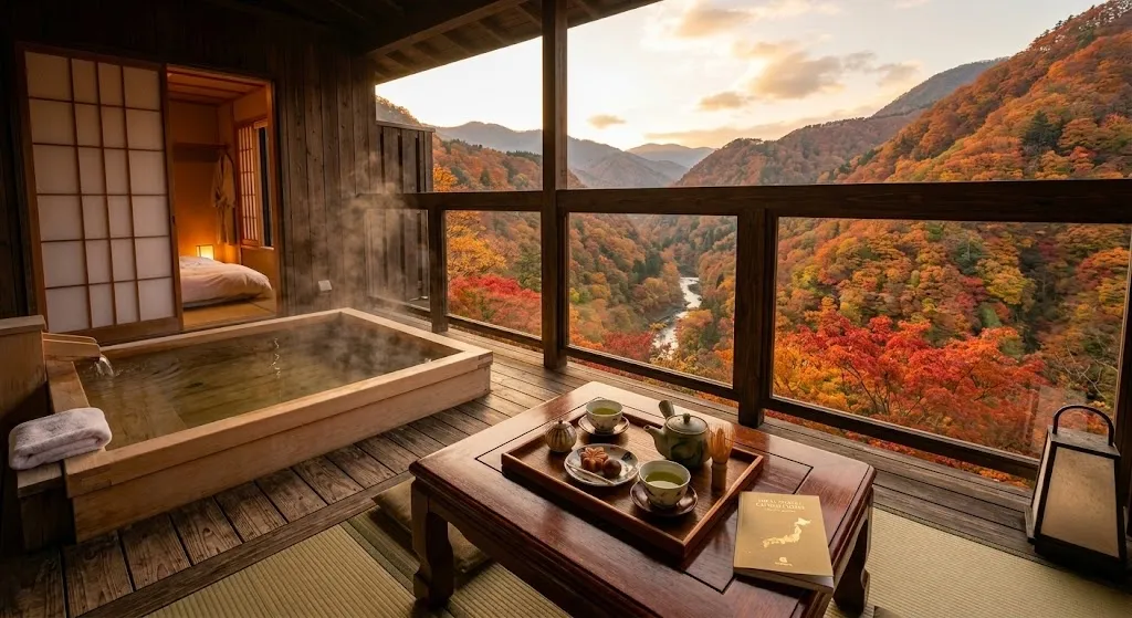A luxury ryokan terrace with a steaming private bath overlooking a lush valley of fiery red and orange maple trees, representing the perfect travel conditions of the Japanese autumn.