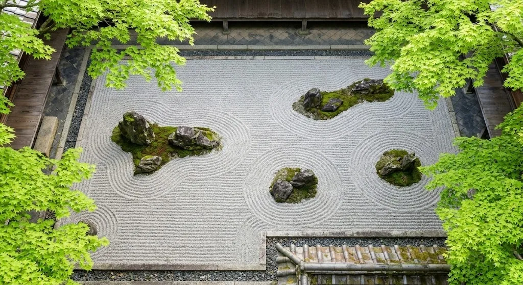 An empty Zen rock garden in Kyoto framed by lush, vibrant green maple leaves, highlighting the tranquil atmosphere available after the peak Golden Week travel period.