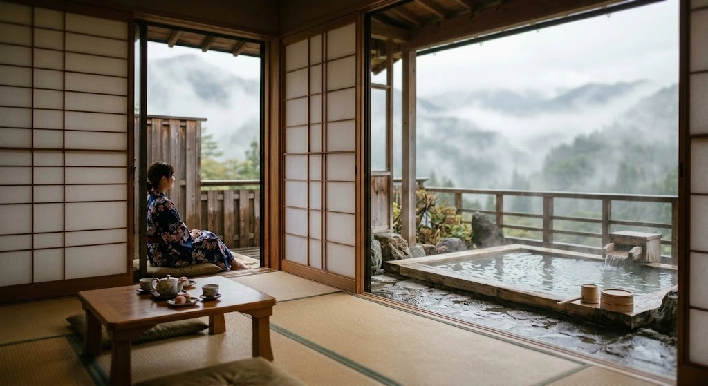 Woman in a kimono sitting on a tatami mat inside a traditional Japanese room, looking toward an outdoor wooden onsen with misty mountains in the distance, tea set on a low table nearby.