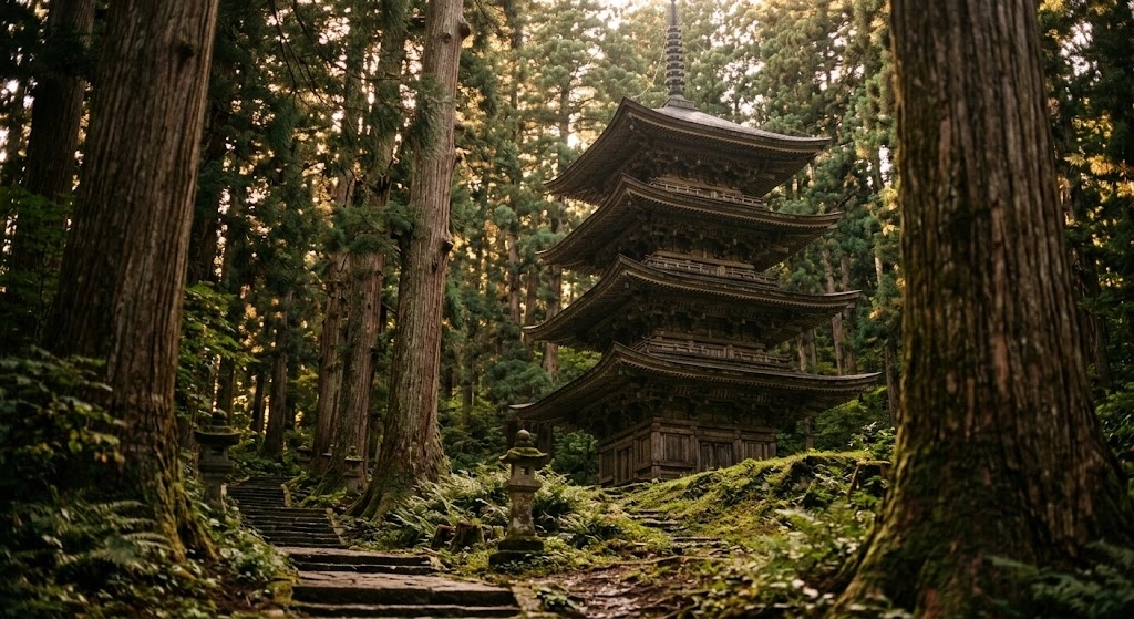 Five-story wooden pagoda surrounded by tall trees in a dense forest, with moss-covered ground and stone steps nearby