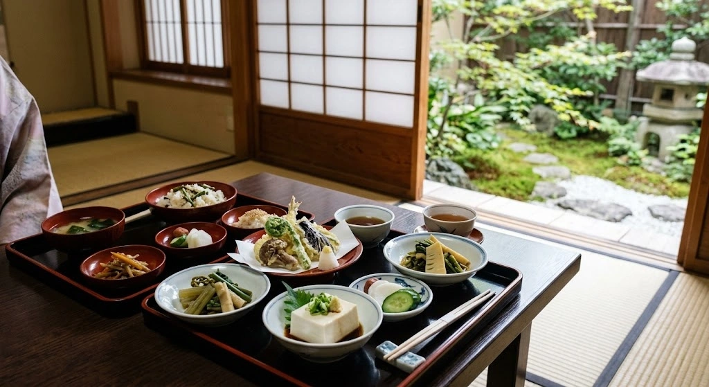 Traditional Japanese meal served on a wooden tray in a tatami room with a garden view outside the sliding doors.