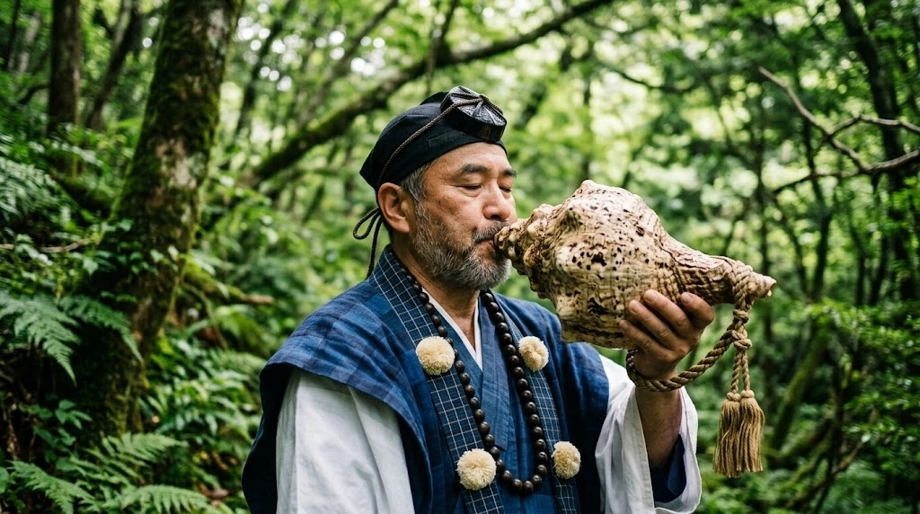 Man in traditional blue robes and a headwrap holds and kisses a large conch shell in a forest.