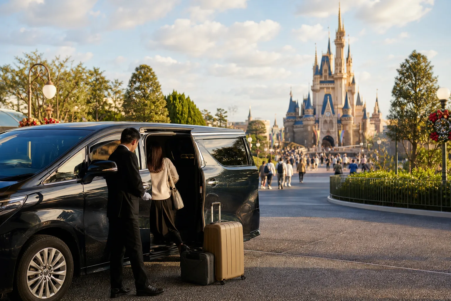 Luxury chauffeured vehicle arriving at Tokyo Disney Resort drop-off in the morning