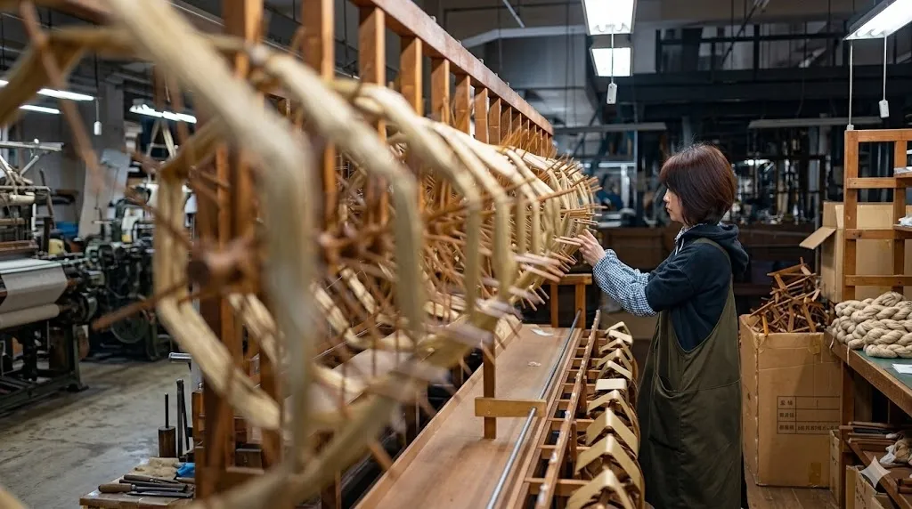 A beautifully lit interior of a traditional Japanese textile workshop in Fujiyoshida, featuring a historic wooden loom and rolls of vibrant, high-quality silk fabrics.