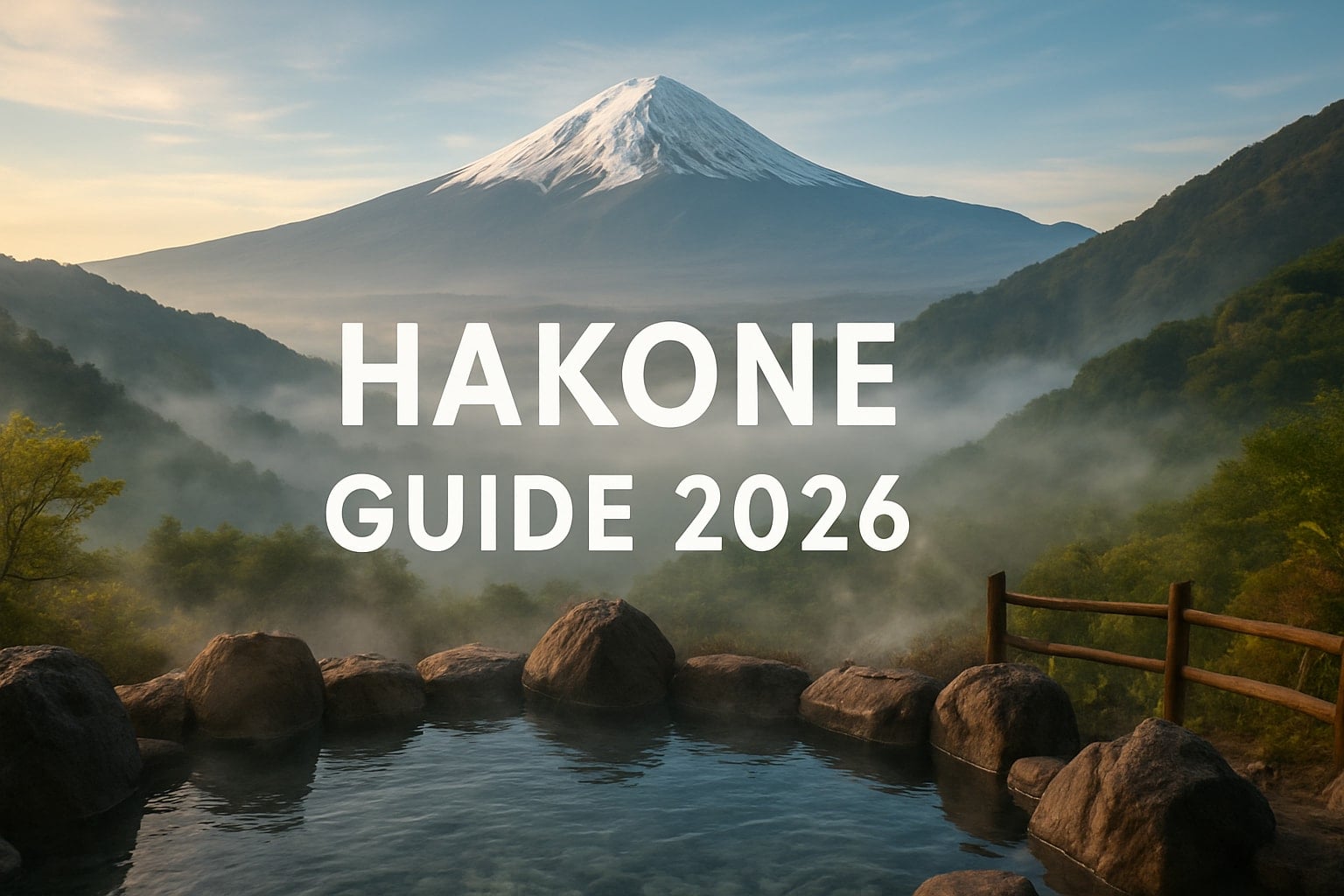 A steaming open-air onsen among misty forested hills with Mount Fuji rising behind, in Hakone