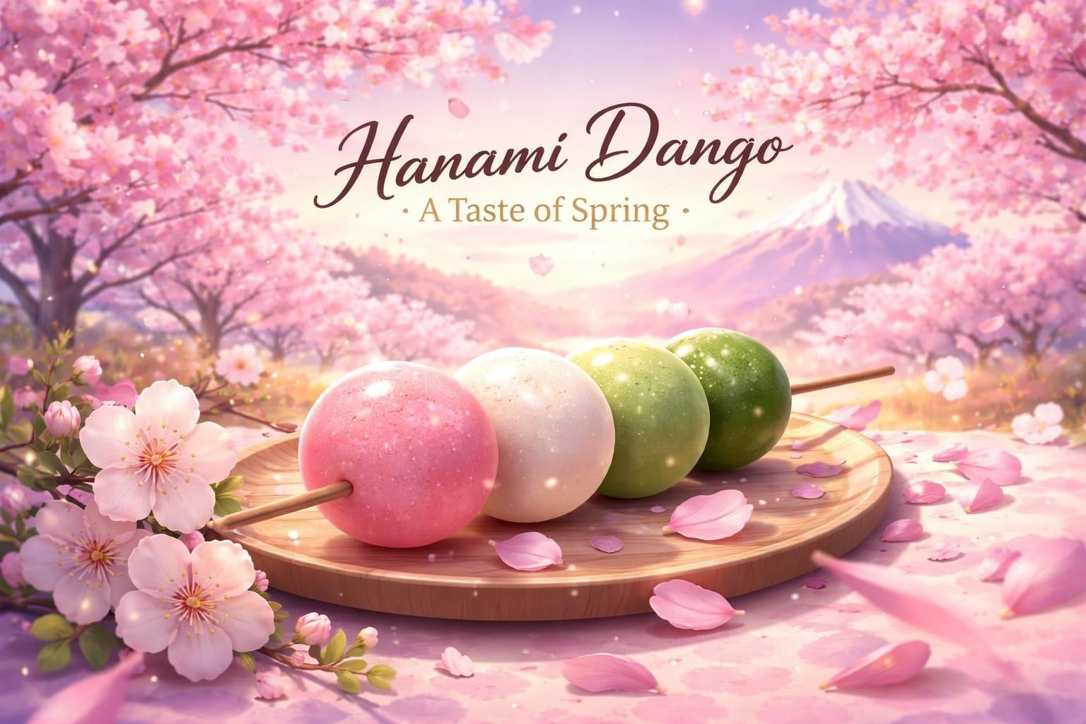 Tri-color hanami dango on a skewer amid cherry blossoms with Mount Fuji in the distance