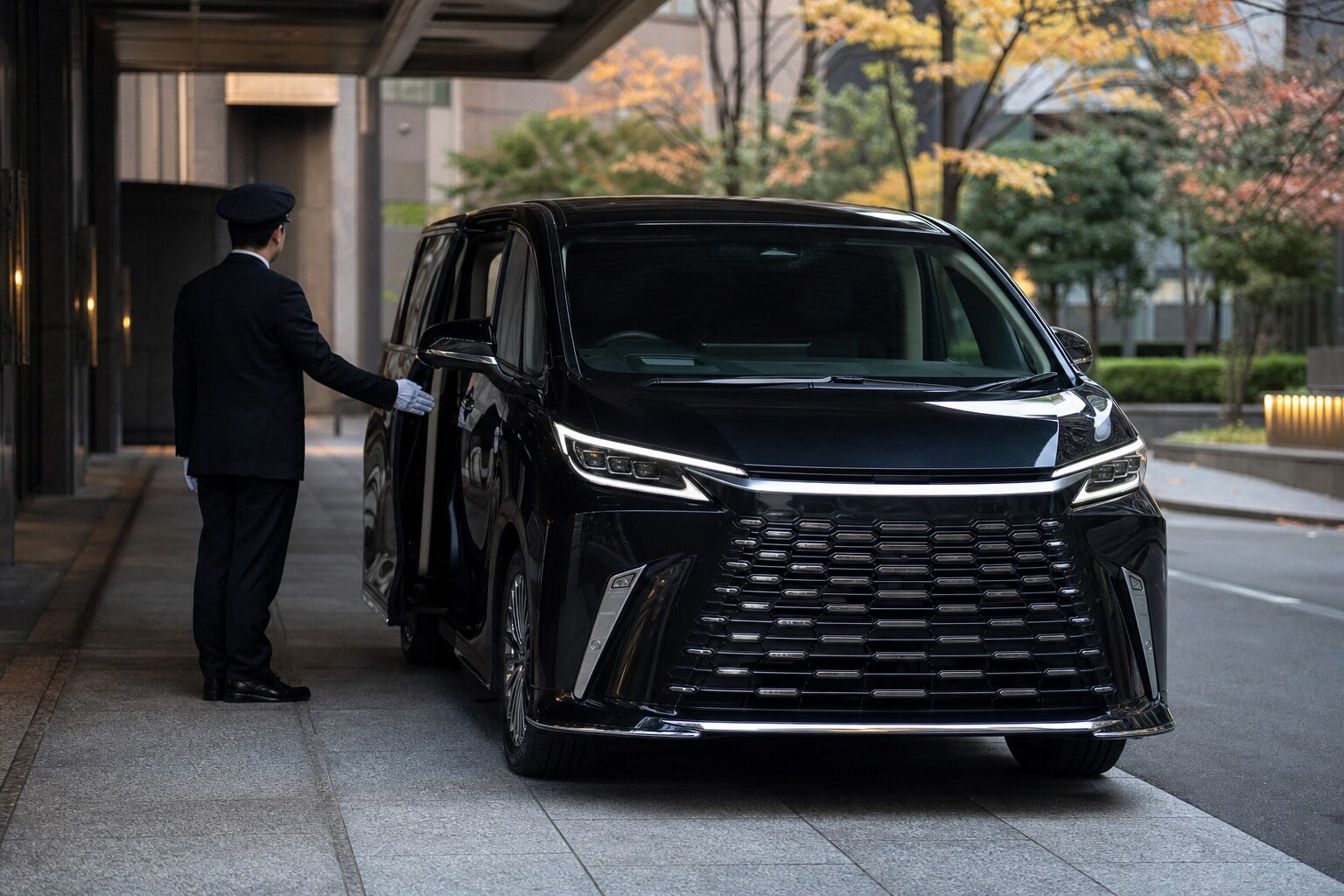 Lexus LM 500 with chauffeur opening the door for a private transfer in Tokyo