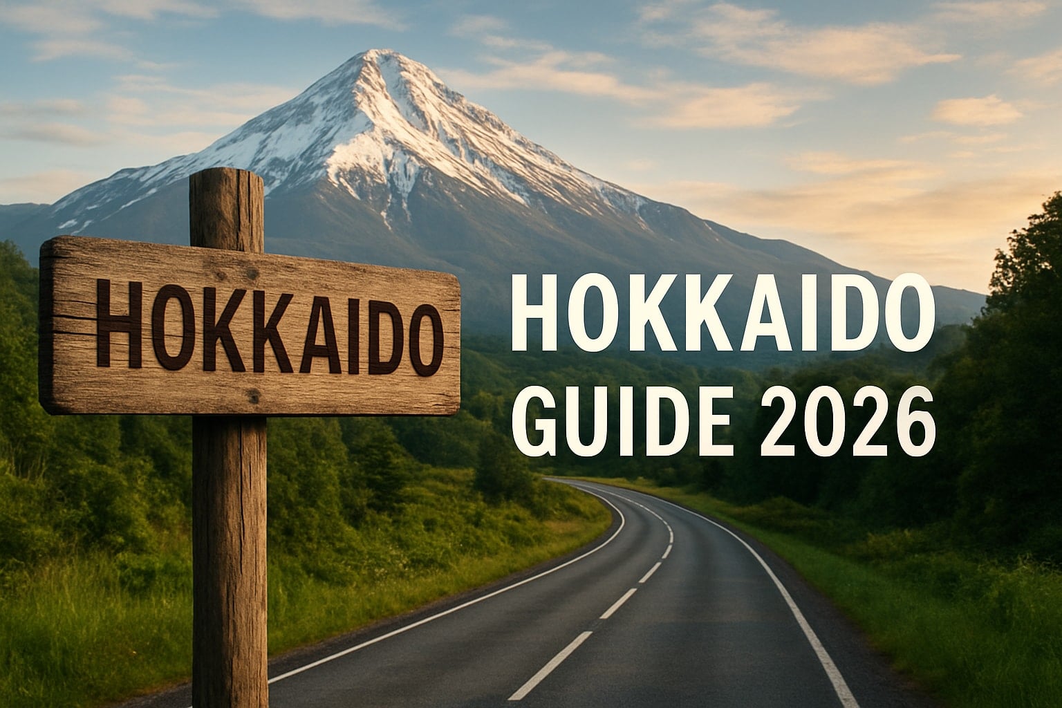 A wooden Hokkaido signpost beside a winding country road leading toward a snow-capped mountain