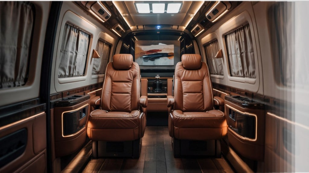 Mercedes-Benz Sprinter, spacious luxury interior, high ceiling, easy entry, VIP seating for 6-7 passengers, custom configuration up to 16 seats, plush leather captain chairs, generous aisle space, multiple large suitcases, ample luggage area, serene atmosphere, premium finishes, elegant lighting,Japan Royal Service,JRS