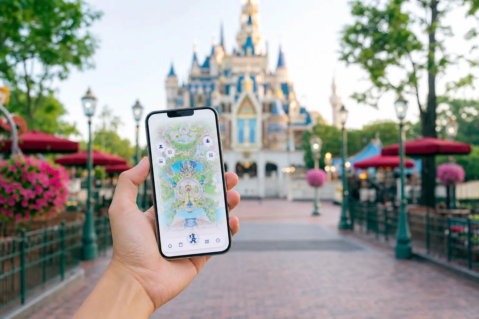 Guest holding a smartphone with the Tokyo Disney Resort app open inside the park