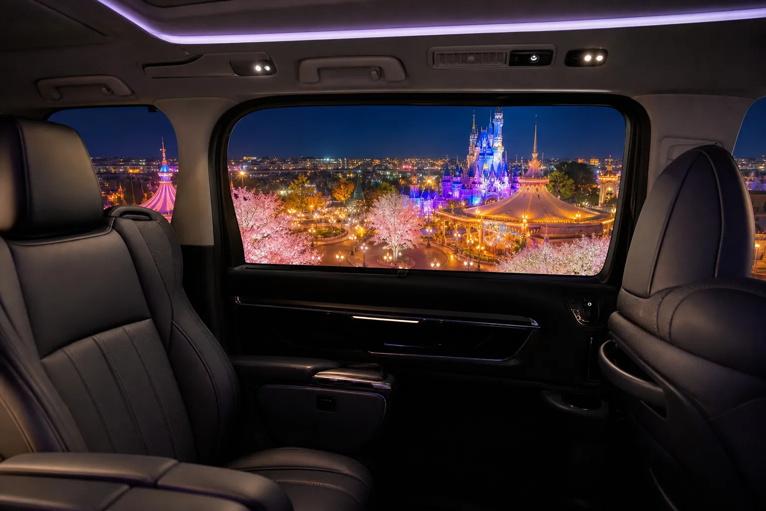 Interior of a luxury chauffeured minivan in Japan with spacious rear seating