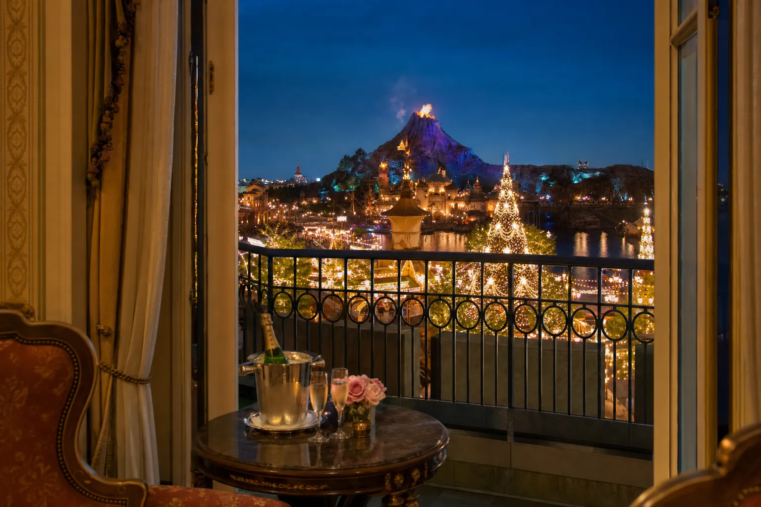 Tokyo DisneySea entrance in the morning with the DisneySea globe and guests arriving