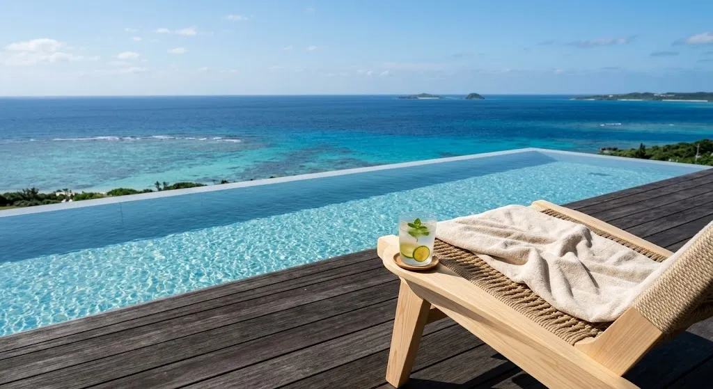 A minimalist private infinity pool merges with the vibrant turquoise and sapphire waters of Miyako Island, showcasing the sophisticated architectural luxury and serene coastal beauty of Japan's premier tropical escape.