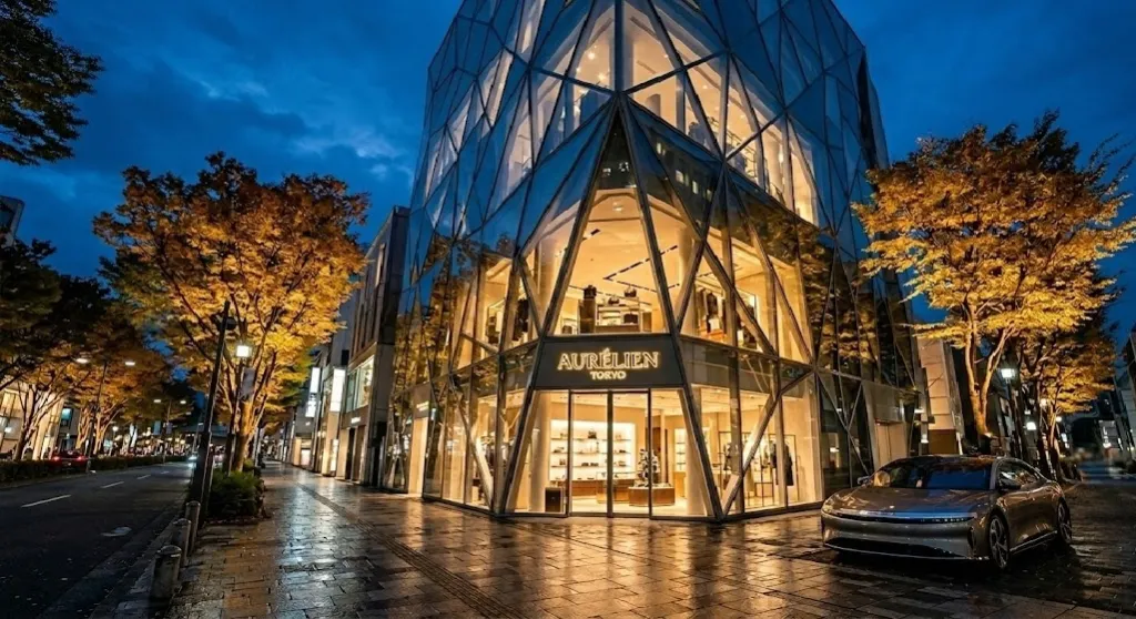 A sleek, geometric glass boutique building in Omotesando during twilight, showcasing modern Japanese architectural innovation and the sophisticated, tree-lined atmosphere of Tokyo's