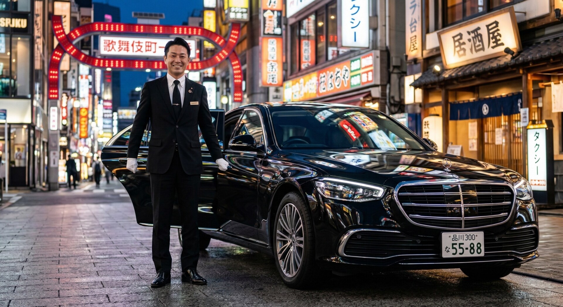 A professional chauffeur standing next to a sleek luxury vehicle, ready to transport VIP guests in Japan.