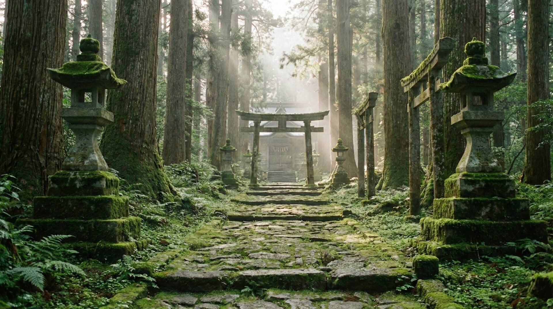 Peaceful forest path leading to a Shinto shrine surrounded by moss and lanterns.