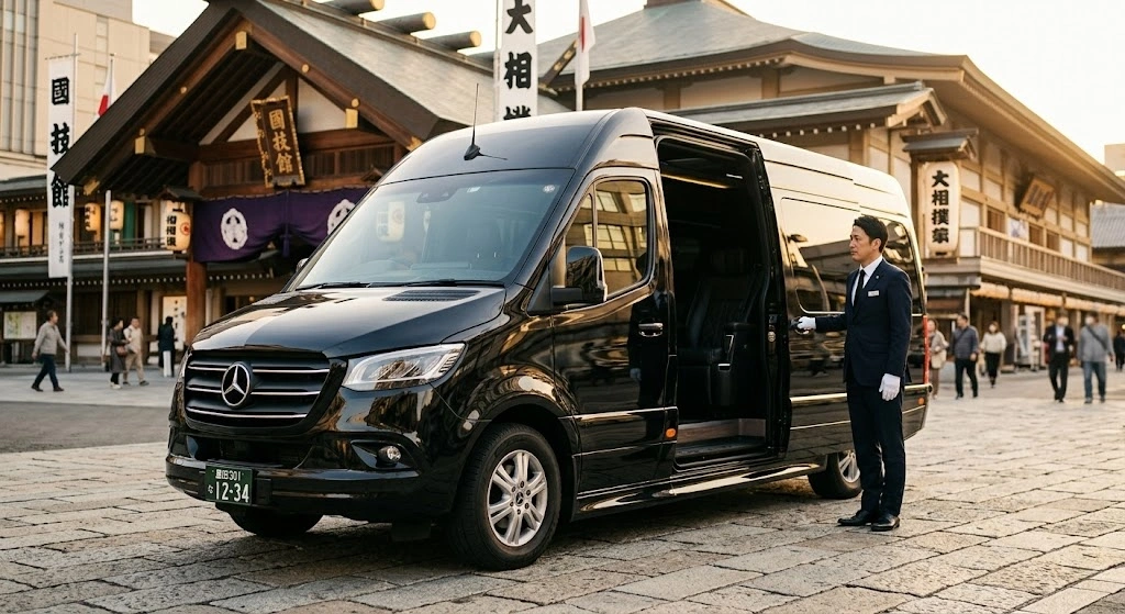 Chauffeur in suit opening the door of a black Mercedes passenger van in a traditional Japanese plaza setting.