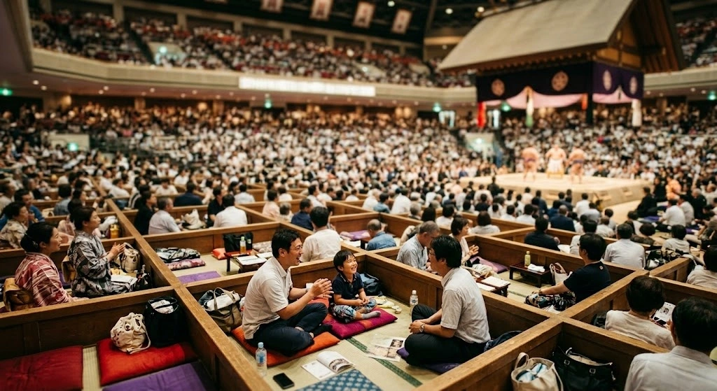 Large crowded auditorium with spectators seated on tatami mats around a circular stage, performers in the center.
