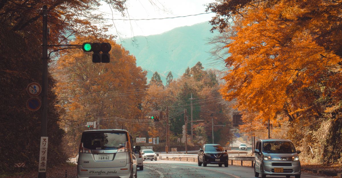 Picturesque autumn scene in Nikko, Japan featuring vibrant foliage and cars against mountains. — Photo by Maheshwaran Shanmugam on Pexels
