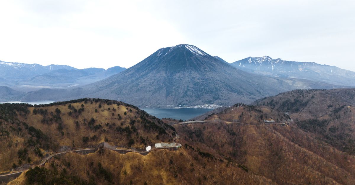 Highland road in Kirifuri Kogen with trees, meadow, and distant ridgeline views