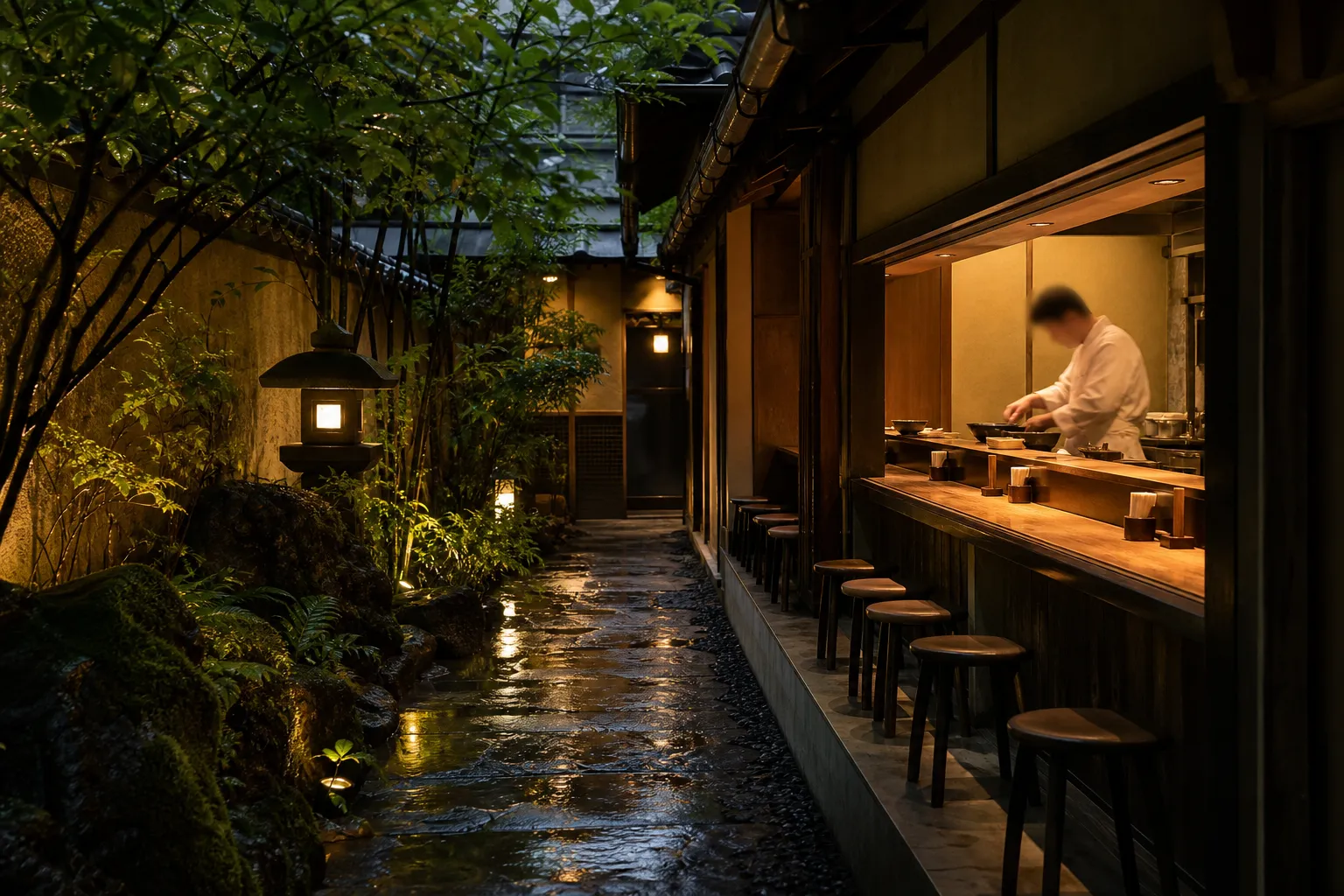 Small wooden ramen counter with chef working close to a handful of guests in Kyoto