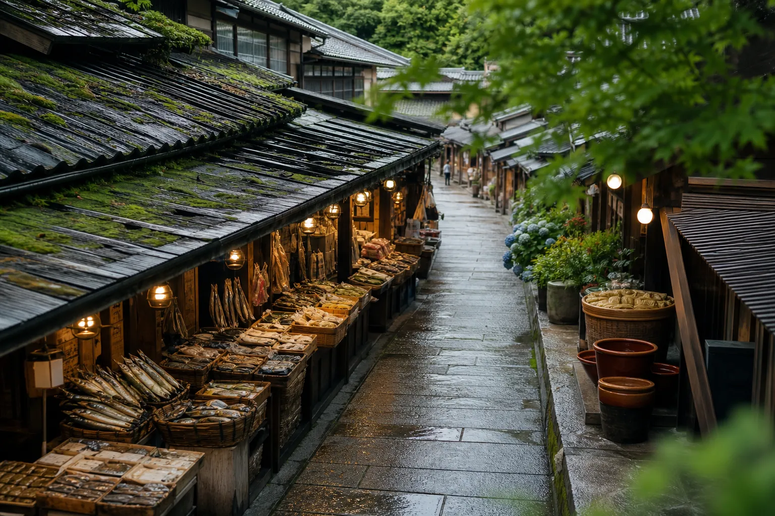 Covered Nishiki Market street in Kyoto lined with stalls of kelp, dried fish and produce