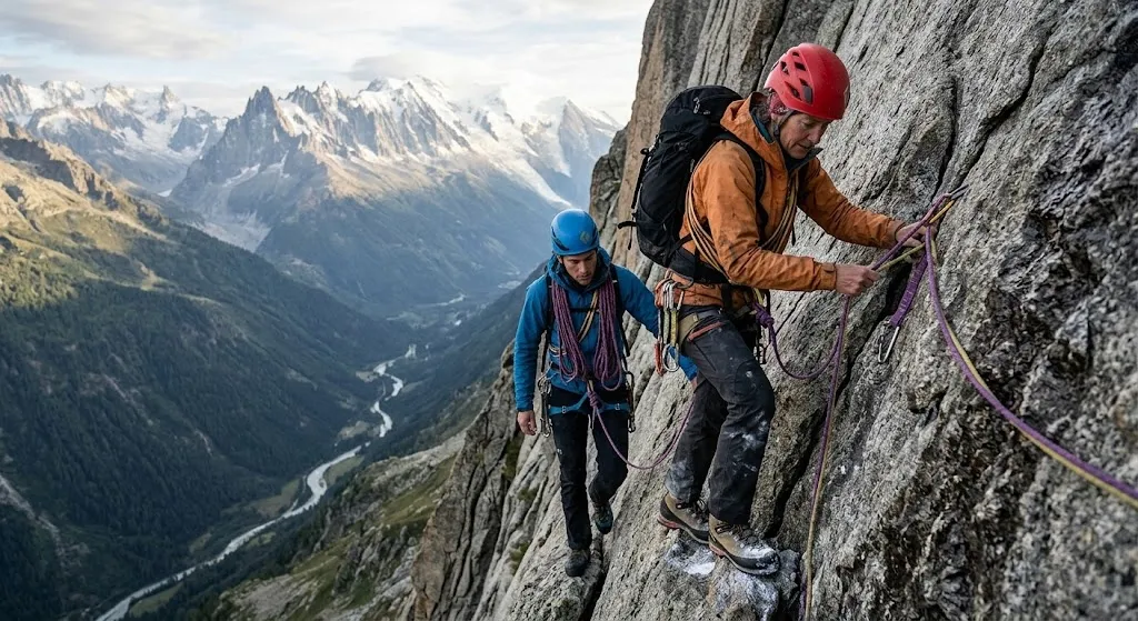 Two focused mountaineers wearing safety helmets and harnesses carefully navigate a narrow rocky ridge with climbing ropes, led by an experienced guide in the foreground.