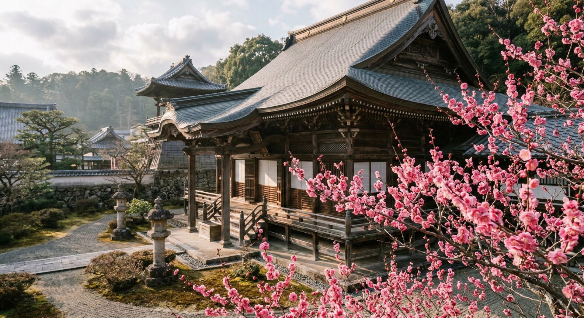 Bright pink plum blossoms blooming against the backdrop of a traditional wooden Japanese temple building.