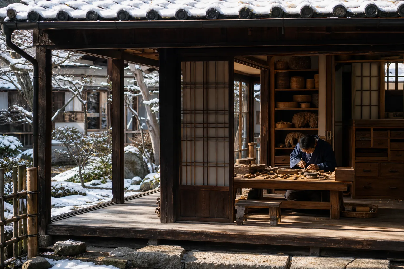 Artisan hands working with traditional tools in Kyoto workshop