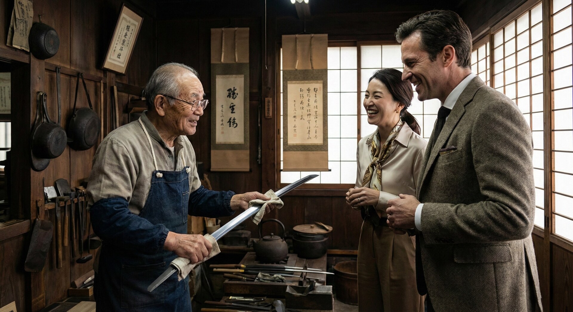 A couple enjoying a private conversation with a master swordsmith during a bespoke Japan Royal Service tour.