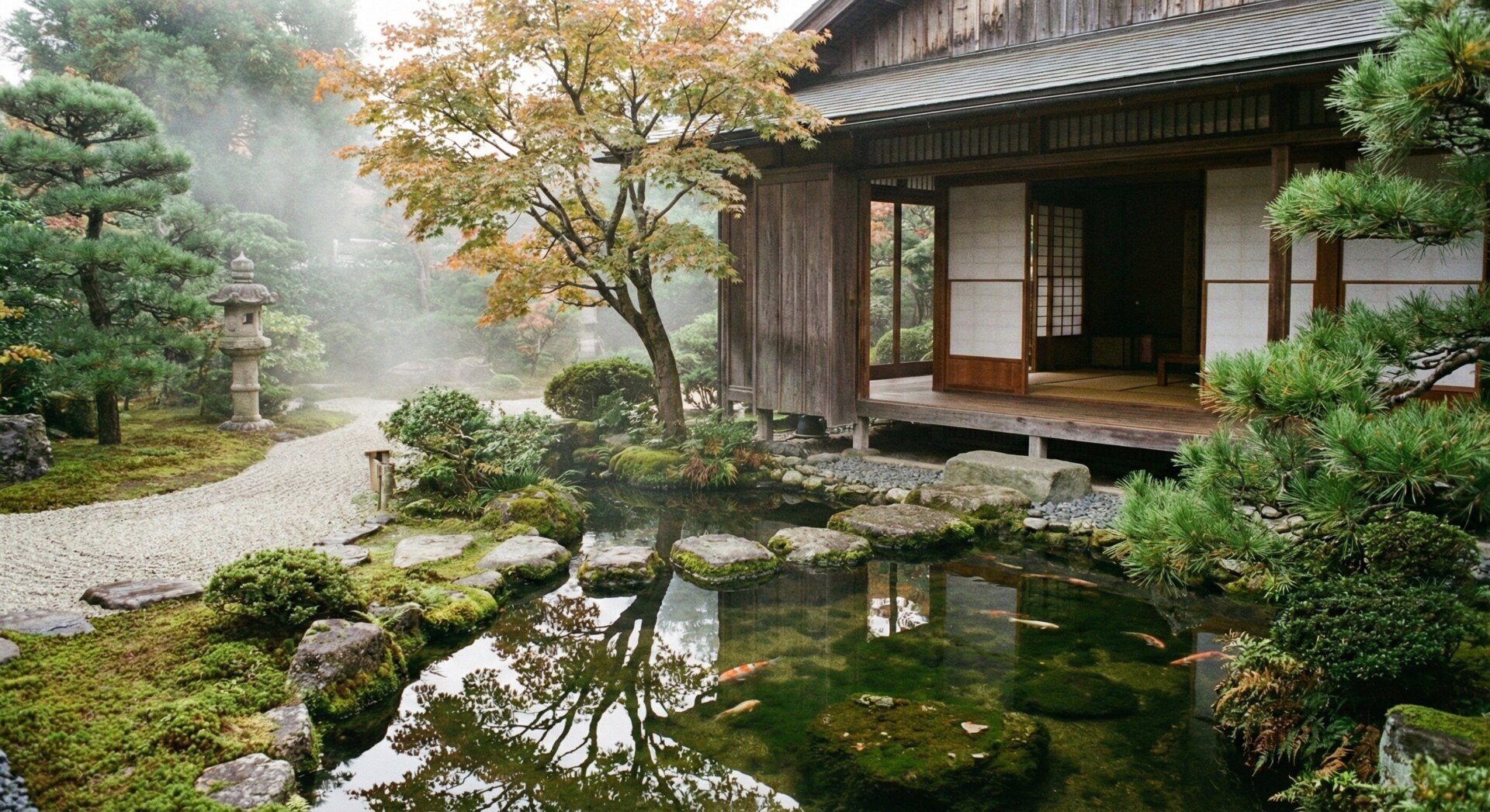 A peaceful, manicured traditional Japanese garden viewed from a luxury travel destination.
