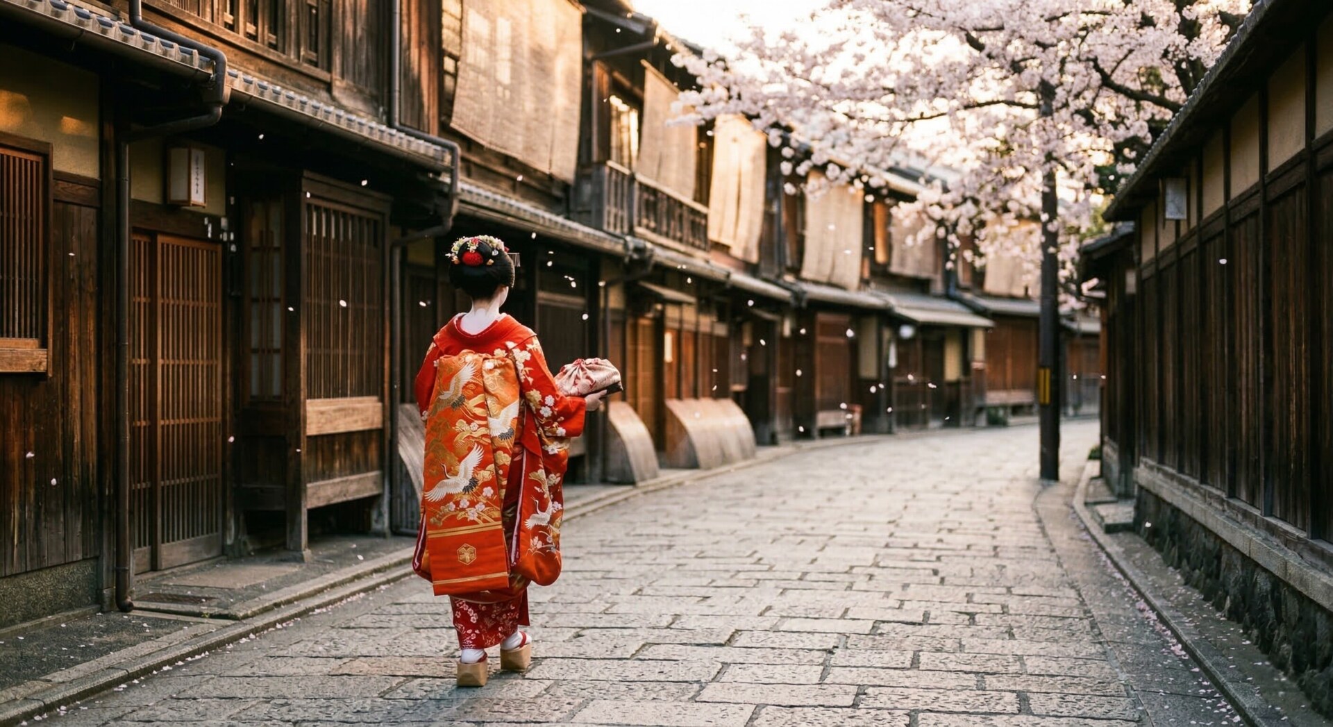 A beautifully dressed Geisha walking through a quiet, traditional Kyoto street lined with cherry blossom trees.