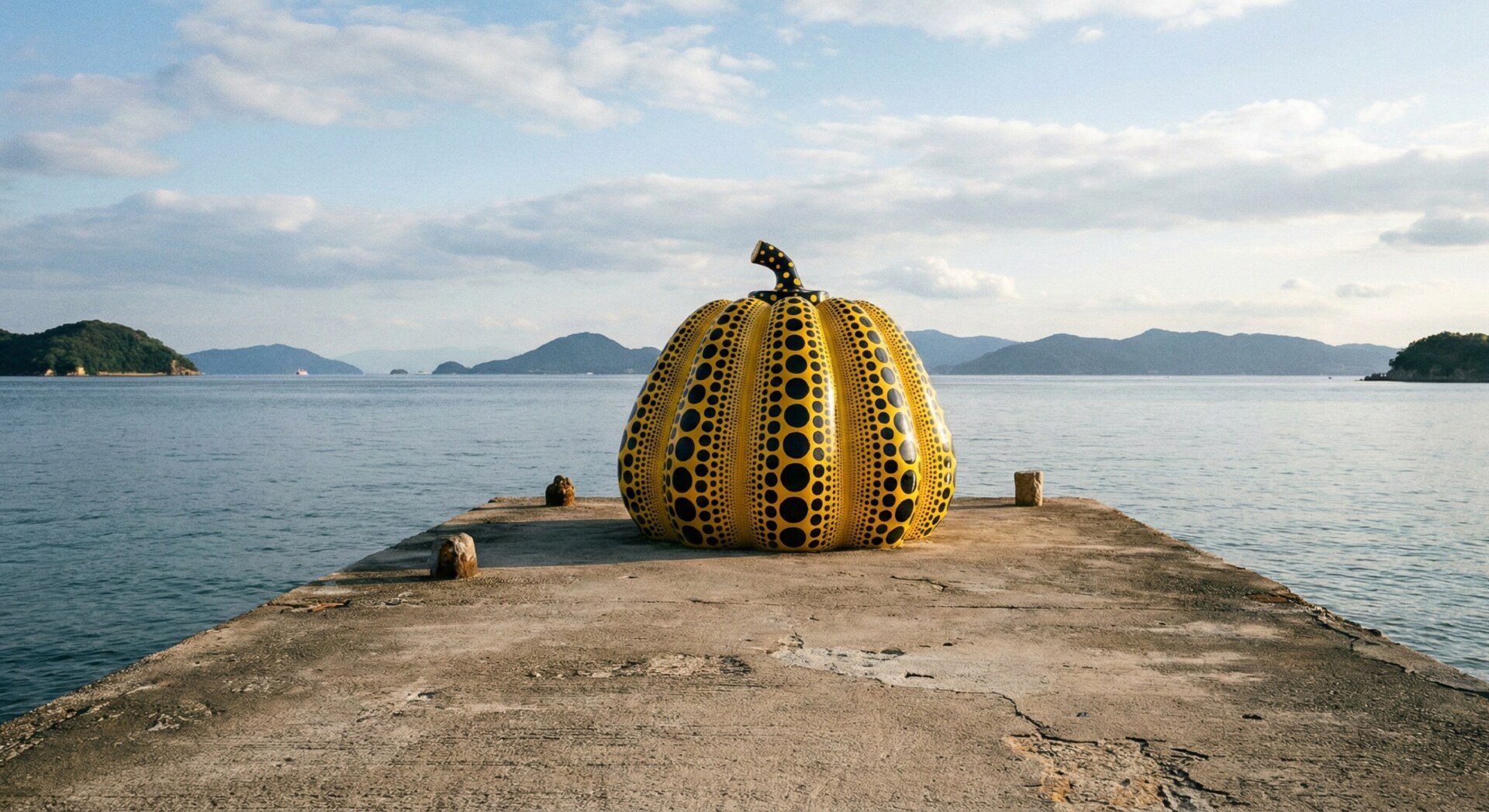 The famous yellow pumpkin sculpture by Yayoi Kusama, sitting on a pier in Naoshima with the ocean in the background.