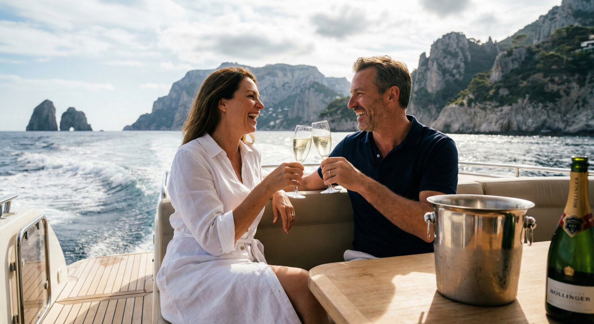 A happy couple enjoying champagne on the deck of a private yacht with islands in the background.