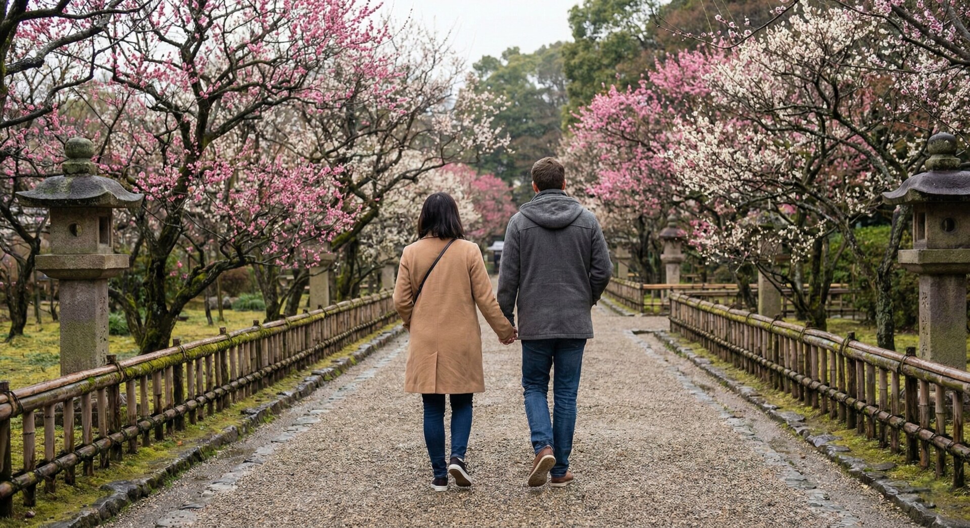 A couple walking down a quiet, gravel path in a Japanese garden, framed by plum trees, with no other people in sight.
